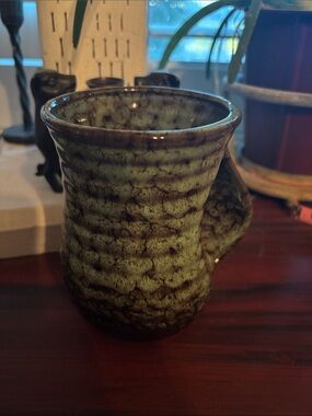 Handcrafted 20 oz Glazed Ceramic Mug in Green and Brown